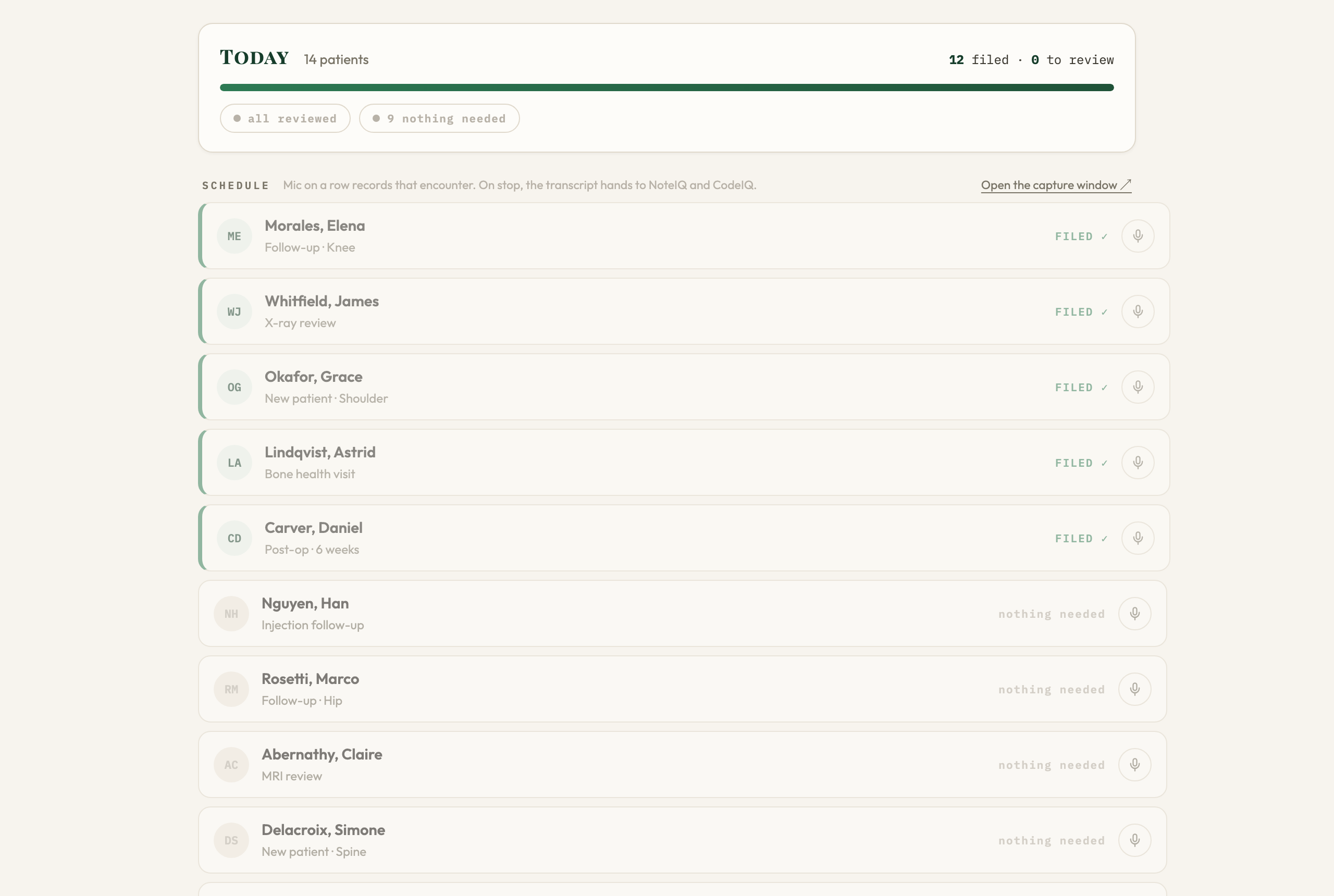 OpAgent Today: the clinic schedule after review. Demonstration data.